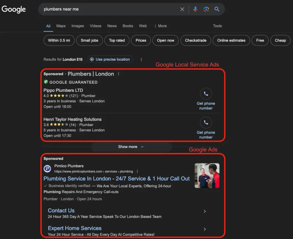 Google-Ads-vs-Local-Services-Ads-placement-for-the-search-term-Plumbers-Near-Me
